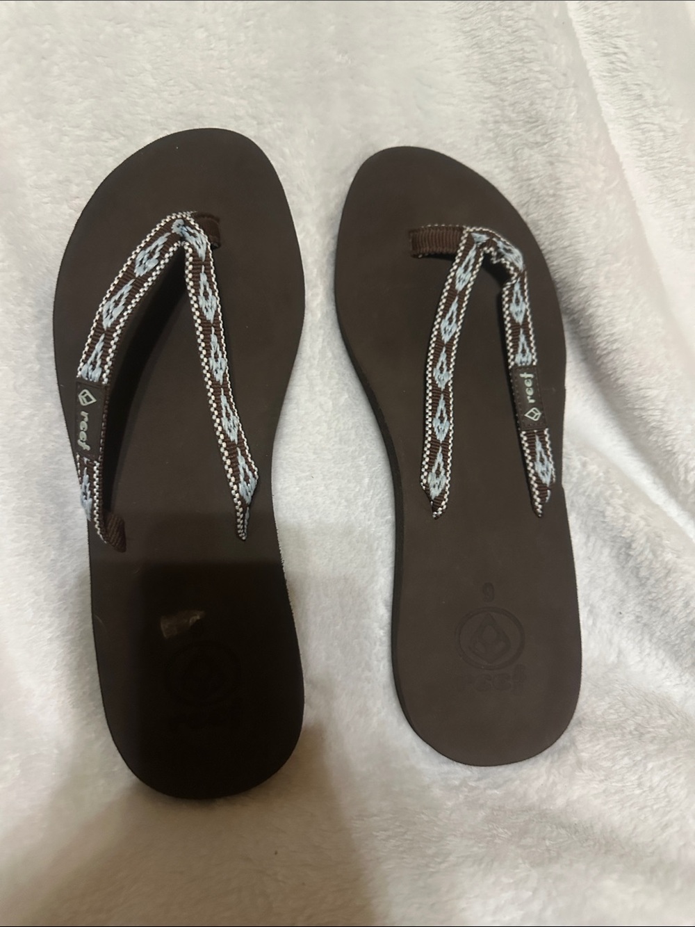 Reef Women's Brown Flip Flop Sandals with Blue-Patterned Straps